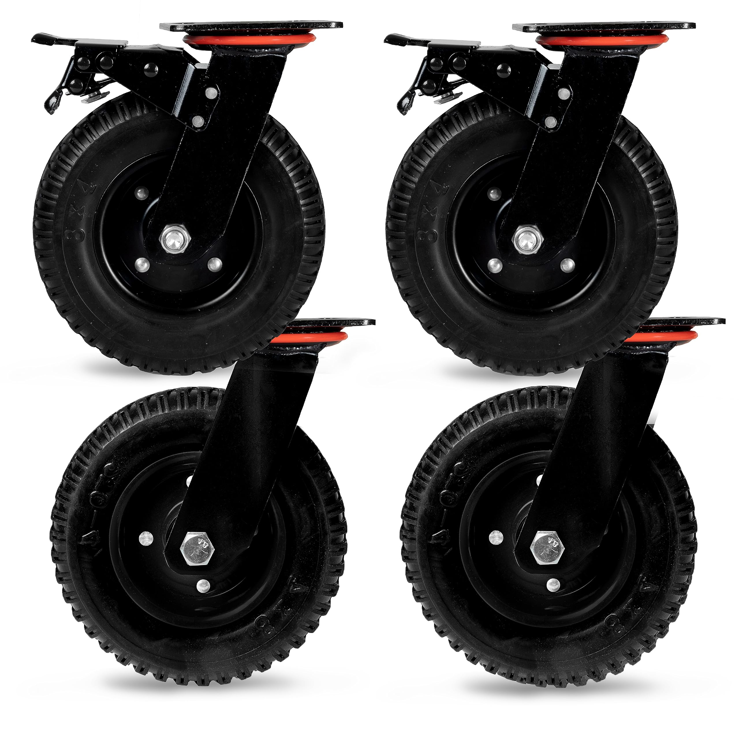 Photo 1 of Iron Forge Tools Heavy Duty Black Swivel Knobby Caster Wheels - 7-7/8" Diameter - Outdoor Caster Wheels with Swiveling Bases - 8 Inch Wheels with Two Brakes - 1320 lbs Total Capacity - Set of 4