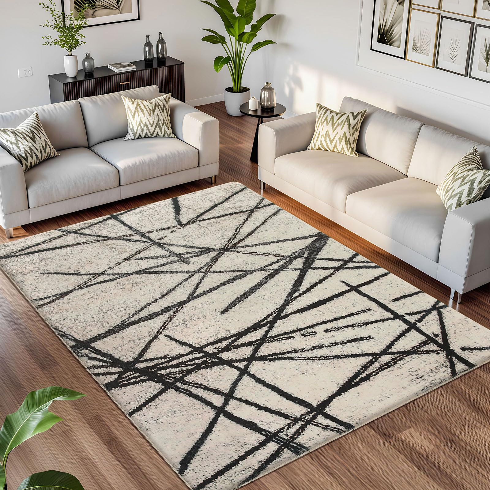 Leesentec Rugs Living Room Bedroom Rug Modern Short Pile Rugs Bohemian Carpet Abstract Geometric Straight Line Pattern Carpets Non-slip Large Rug (Beige/Striped Black, 120 x 160 cm)