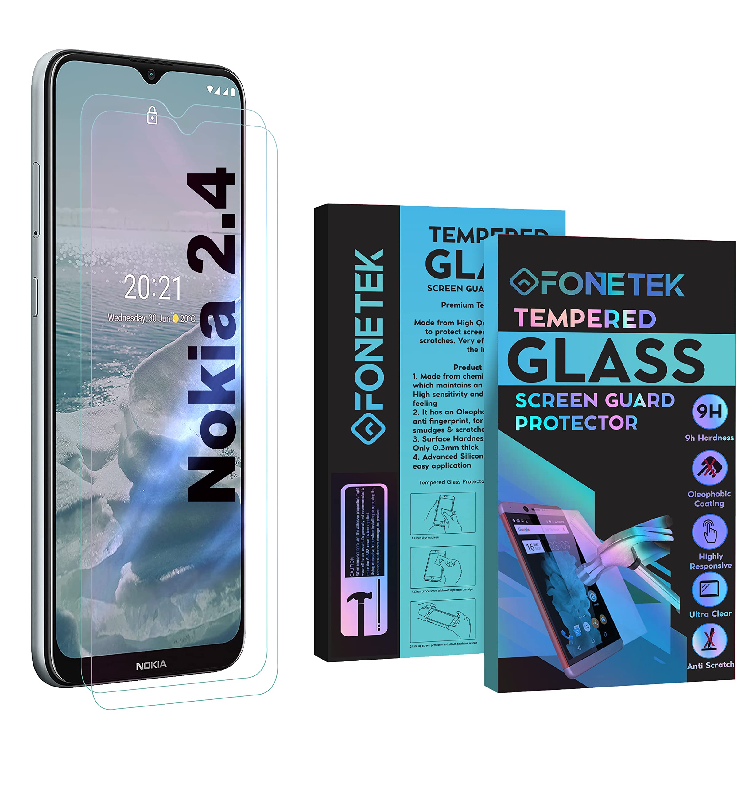 Fonetek® Pack of 2, To Fit NOKIA 2.4, TEMPERED GLASS Screen Protector LCD Guard Case Cover for Nokia 2.4 [9H Hardness] [Crystal-Clear] [Scratch-Resistant] [Bubble-Free]