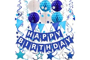 FECEDY Navy Blue Happy Birthday Paper Banner Flag Bunting Circle Confetti Garland Swirl Streamers Honeycomb Ball for Birthday Party Decorations
