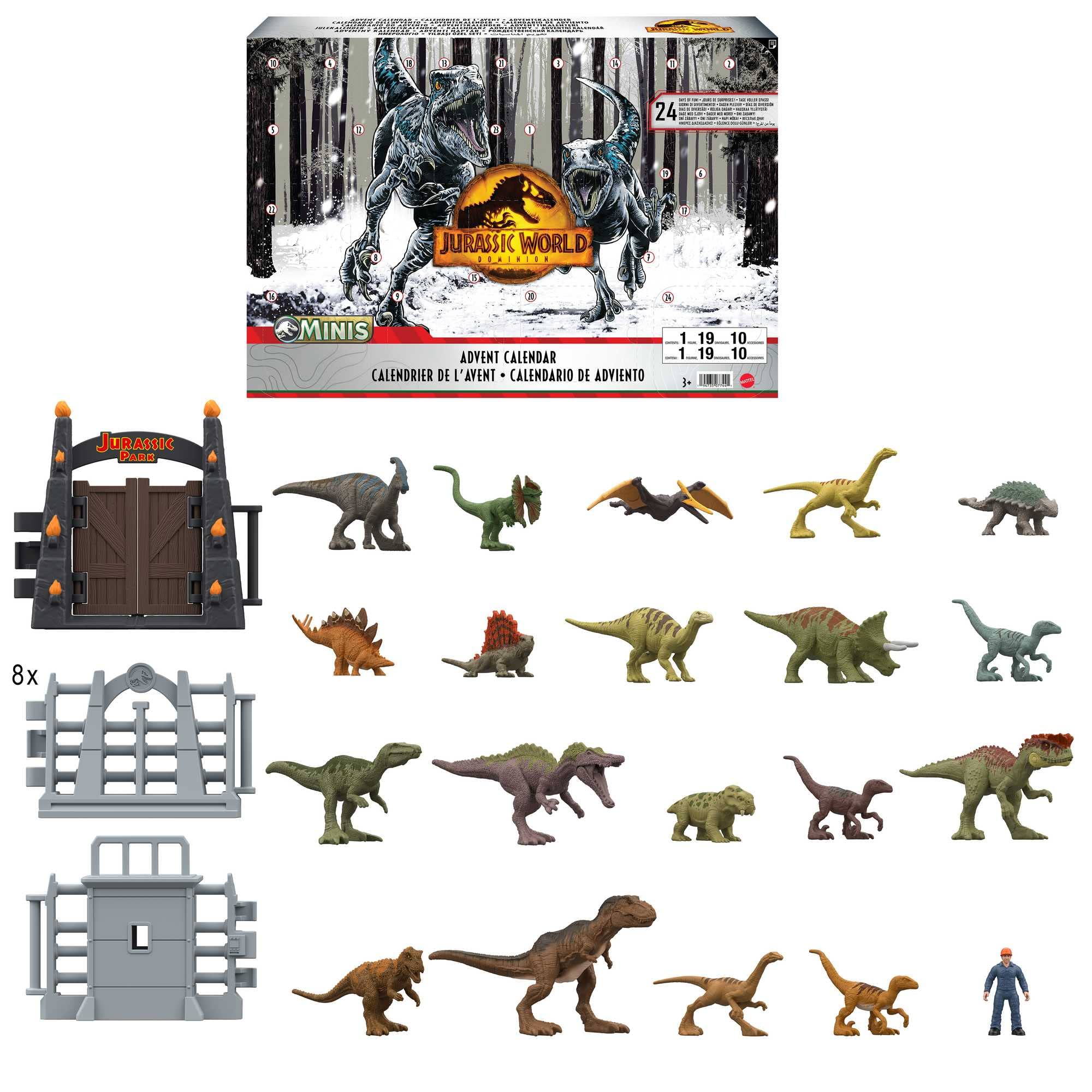 Mattel Jurassic World Dominion Holiday Advent Calendar with 24-Day Countdown, Daily Surprise Gifts Include Mini Toy Dinosaurs, Mini Human Figures and Accessories, HHW24