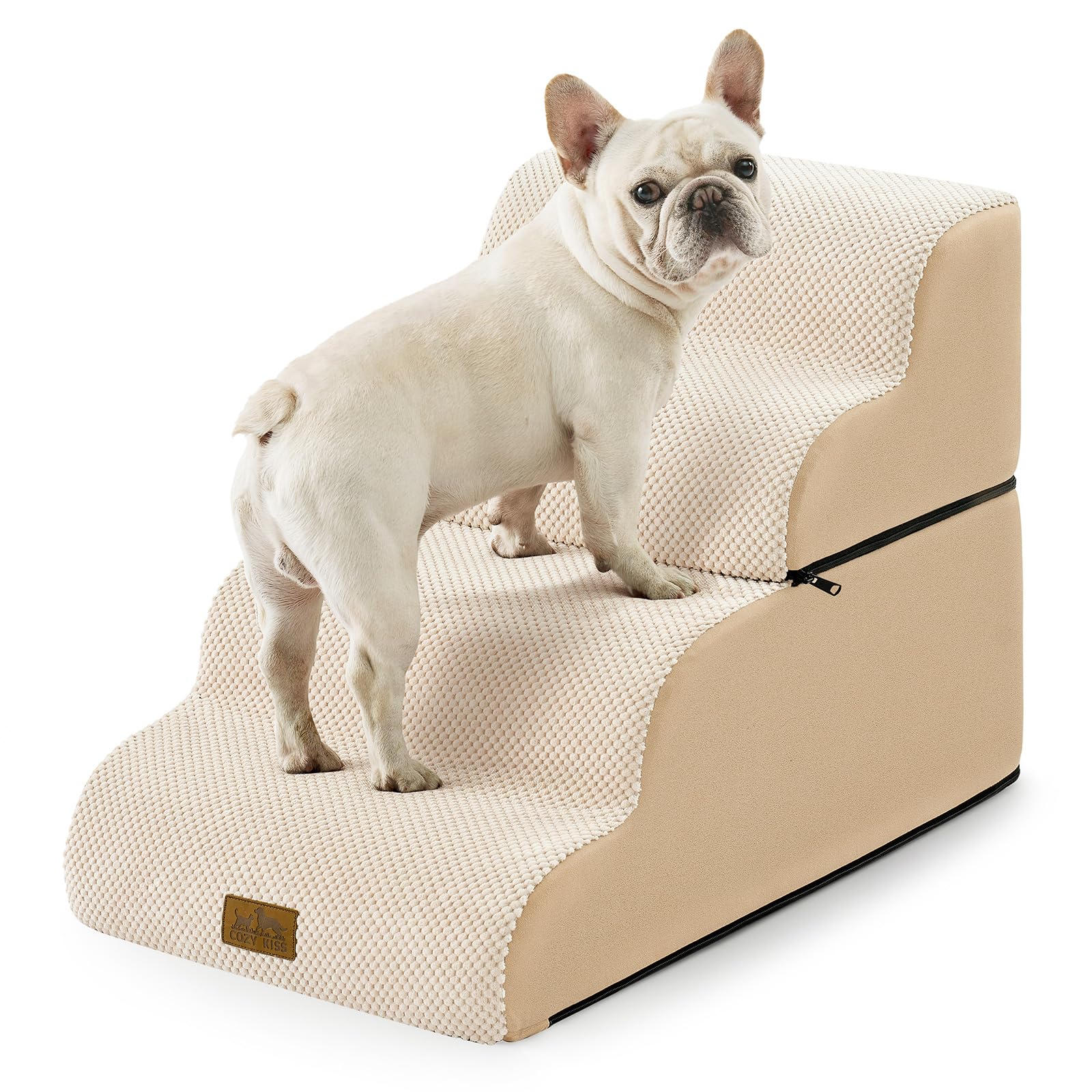 COZY KISS Detachable Dog Stairs for Small Dog, 4 Step Curved Dogs Step for Puppy or Older Cat, Ramp for Bed, Sofa, Couch or Chair, Ladder with High Density Foam, 15.7x28.3x19.7 inch, Beige Image