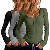 Velvelhall 3 Pack Women's Long Sleeve Henley T Shirts Button Down Scoop Neck Slim Fit Ribbed Knit Casual Clothes Layer Tops