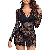 Avidlove Women's Lace Long Sleeve Babydoll Lingerie Dress And Thong Set Sexy Deep V-Neck Party Clubwear Outfits Mesh Bodycon