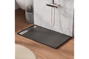 Findepot 60 x 36 x 1.3 inches Zero Threshold SMC Shower Pan for Wheel Chair Access, Rectangle Non-Slip Shower Base with Stainless Steel End Drain Cover and 3-Sided Aluminum Waterproof Strip, ‎Black