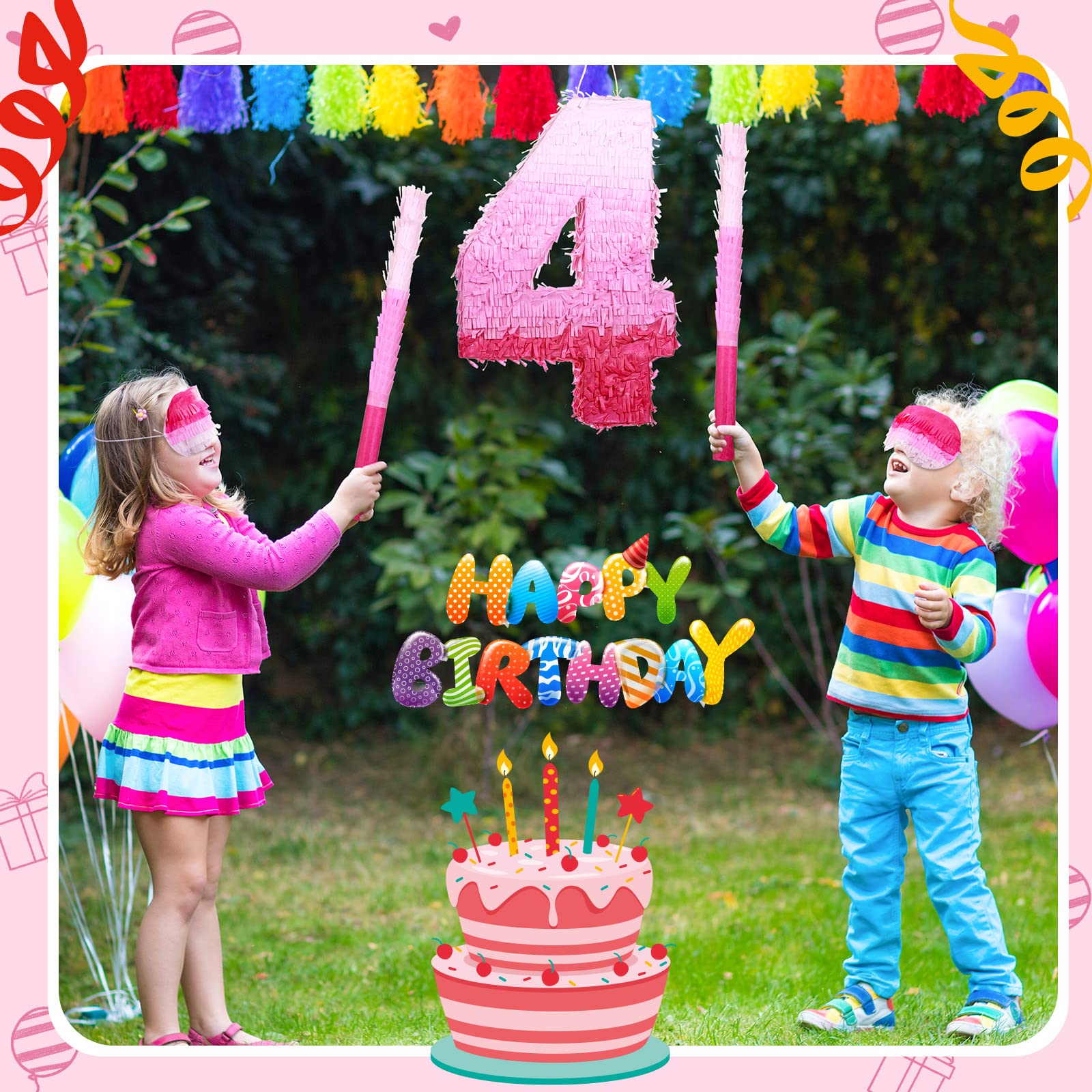 Sratte Number Piñata Pink Piñata Birthday Decorations Gradient with Stick Blindfold Confetti for Girls Boys Birthday Anniversary Party Decorations Supplies(Number 4)