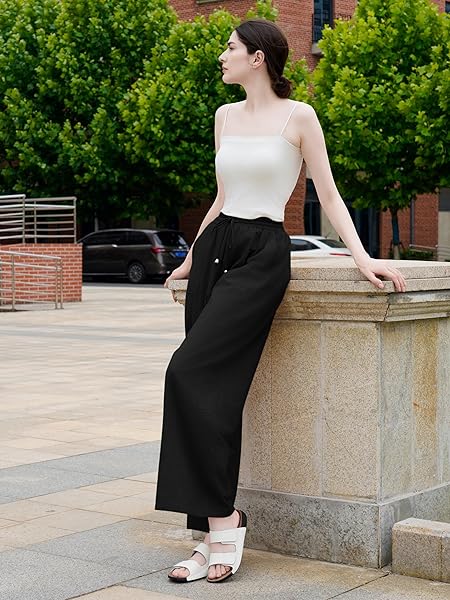 URATOT WOMEN’S COTTON PALAZZO PANTS SUMMER WIDE LEG HIGH WAIST CASUAL LOOSE DRAWSTRING LOUNGE TROUSERS WITH POCKET BLACK