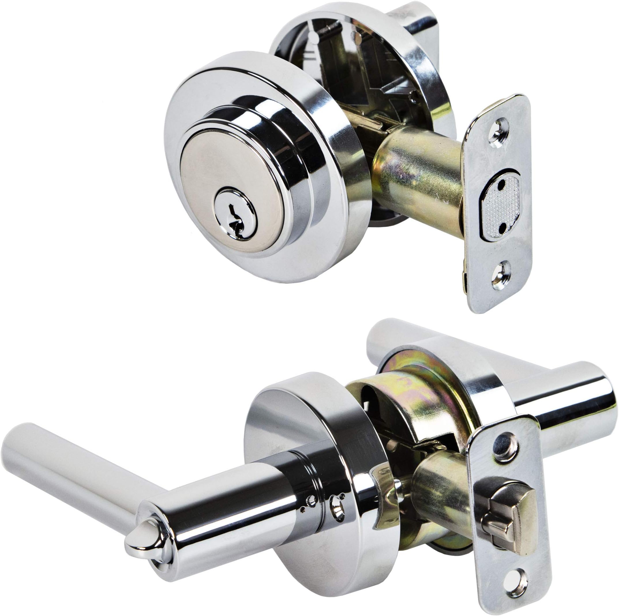 Ultra Security Windsor Single Cylinder Round Rod Door Lever and Keyed Deadbolt Entry lock- Entry Levers Lockset with Single Cylinder Deadbolt Combo Set (Polished Chrome Finish, 1 Set)