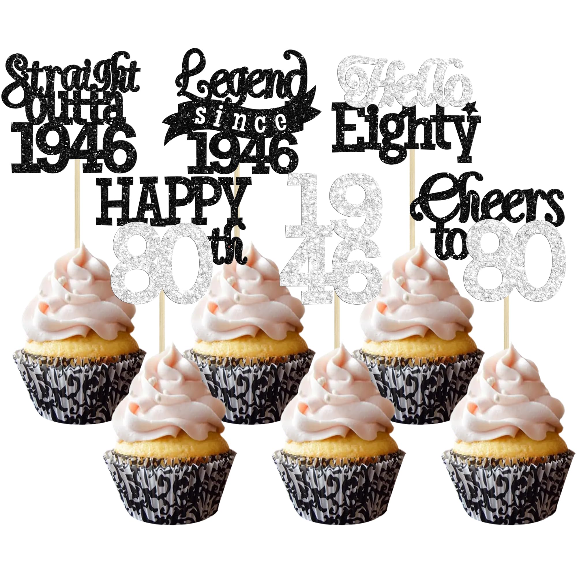 Gyufise 24Pcs Happy 80th Birthday Cupcake Toppers Hello Eighty Legend Since 1946 Cupcake Picks Cheers to 80 Years Cake Decorations for 80th Birthday Anniversary Party Supplies Black Silver โ image 1