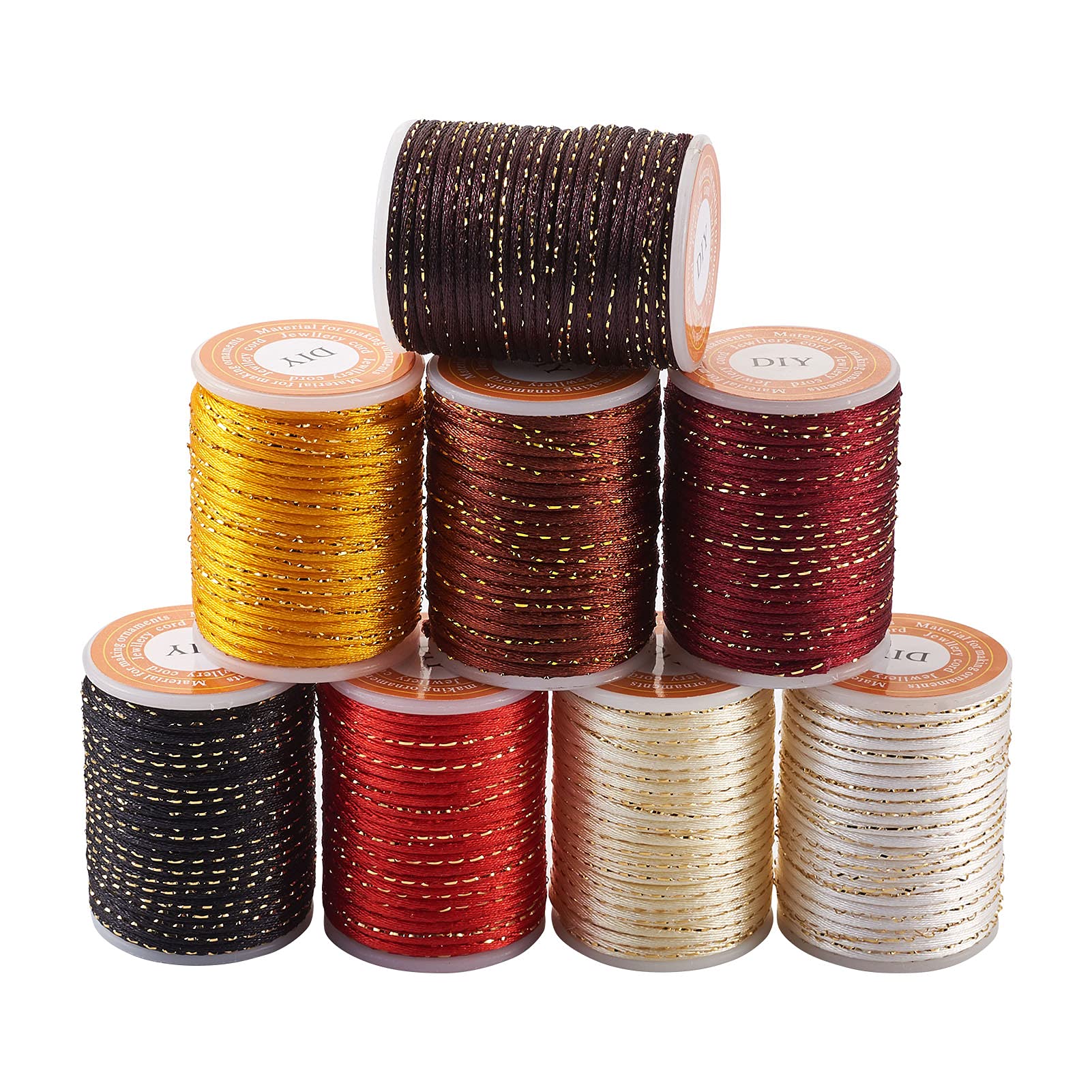 Beadthoven 8 Rolls 1.5mm Polyester Cord With Braided Gold Metallic Chinese Knotting Rattail Macrame Beading String for Jewelry Making, 4M / Roll