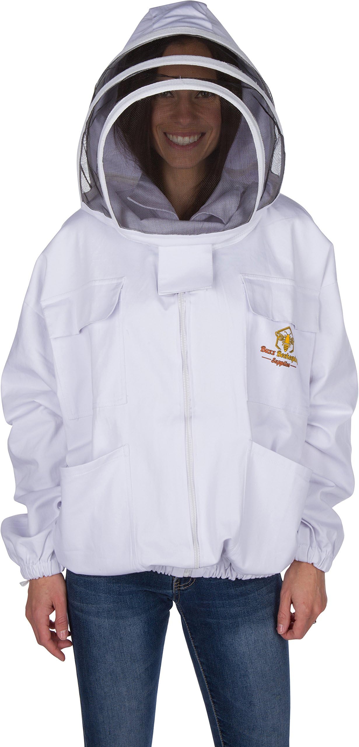 Professional Beekeeping Suit Jacket - for Men and Women (White) - Total Protection - Self-Supporting Fencing Veil for Beekeepers - Easily Take On & Off - 6 Pockets - Good for Beginners as well (Small)