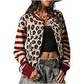 Verdusa Leopard Cardigan for Women Striped Cheetah Print Button Down Sweaters Long Sleeve Color Block Knitted Outwear
