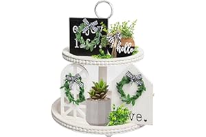 GENMOUS & CO. 2 Tiered Beaded Tiered Tray, Wooden Farmhouse Decoration for St Patrick's Day, with 3pcs Signs and 1pc Wood Bead Garland for Country Rustic Home Coffee Table Decor