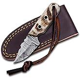MEDIEVAL SUPPLIES Damascus Steel EDC Knife 4.5inch Fixed Blade Mini Knife Skinning,Survival,Camping and Outdoor Enthusiasts Natural Handle and Leather Sheath Brand By Medieval supplies (RAM HORN)
