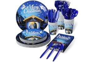 RAGNHILD Christmas Nativity Party Supplies, Christmas Nativity Plates and Napkins Set, Disposable Jesus Holy Night Paper Plates Napkins Cups Knives Spoons Forks for Xmas Winter Holiday Party Decors, Serve 25