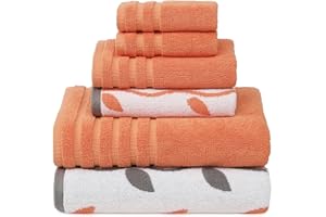 Modern Threads Organic Vines 6-Piece 100% Cotton Towel Set – Yarn Dyed Jacquard & Solid – Includes 2 Bath Towels, 2 Hand Towels, 2 Washcloths – Absorbent, Quick Dry, Soft & Durable – Orange