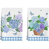 XCHI Plaid Hydrangea Flowers Butterfly Spring Kitchen Towels Summer Dish Towels 18x26 Inch Home Kitchen Decorations Hand Towels Set of 2 Drying Dishcloth