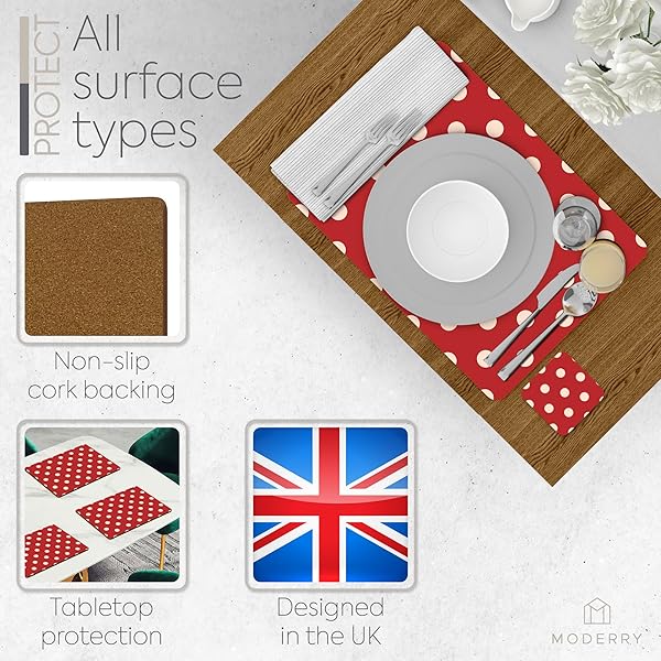 MODERRY SET OF 4 HEAT RESISTANT CORK PLACEMATS FOR DINING TABLE WITH FREE SET OF 4 MATCHING DRINK COASTERS CREAM & RED POLKADOT DESIGN 16 X 12 INCHES CORK BACKED HARD PLACEMATS (RED POLKADOT)