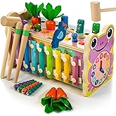 Amtreen 6-in-1 Wooden Montessori Toys for 1 Year Old, Mole-Tapping Game | Play The Xylophone | Frog Clock | Carrot Harvest Game | Spinning Gear, Baby Toy Gift for Early Learning