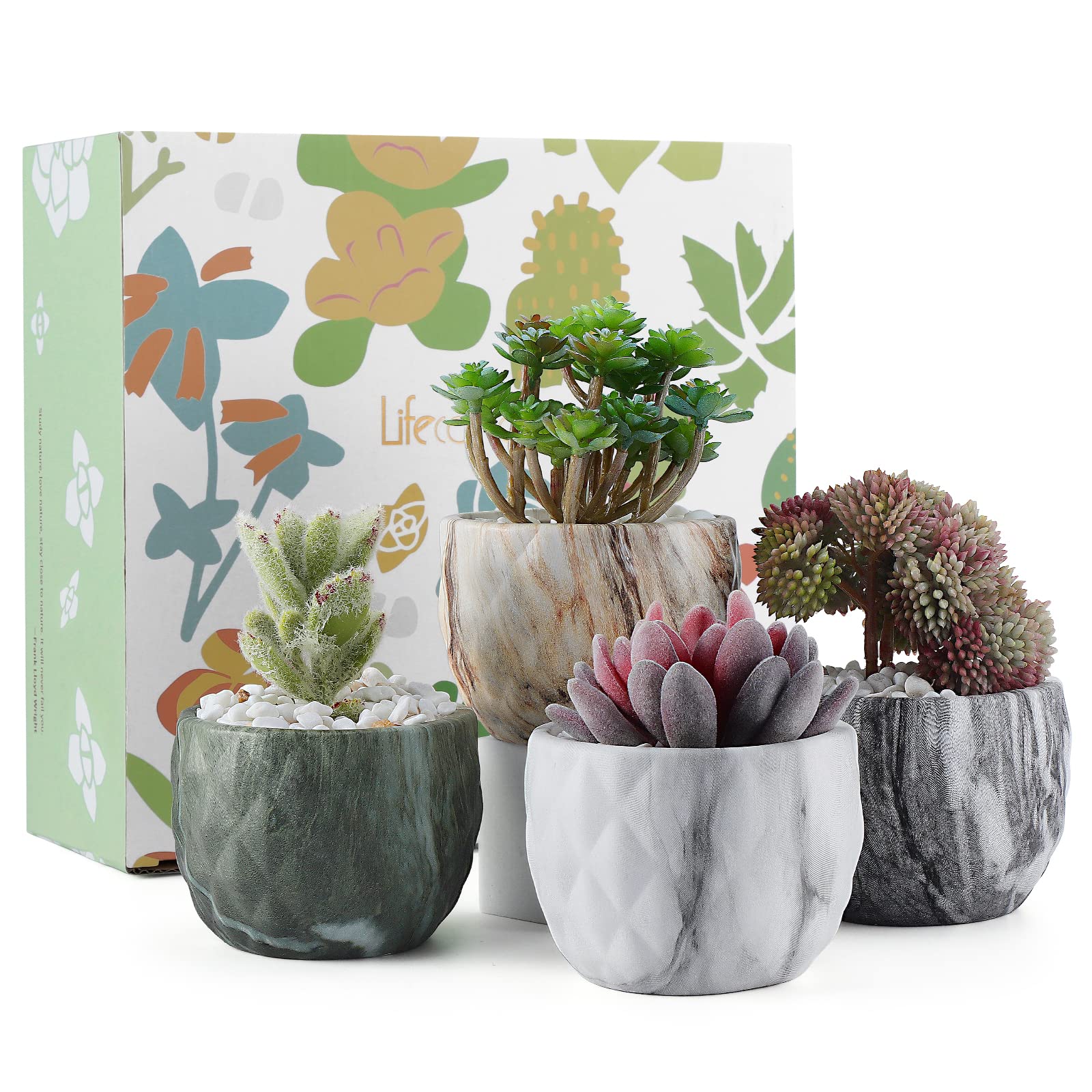 Coolty 4pcs Mini Ceramic Succulent Pot, 8.5CM Marbling Flower Pot, Succulent Cactus Bonsai Planter Pots Container for Home Office Decoration Gift