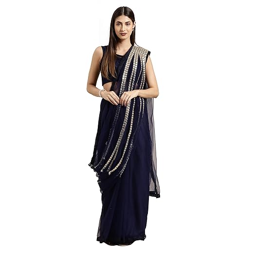 Womanista net with Blouse Piece Saree (TI1322_Navy Blue_One Size)