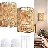 Espossi Battery Wall Sconces Set of 2, Rattan Rechargeable Wall Sconce, Boho Wireless Wall Lamp with Remote, Battery Operated