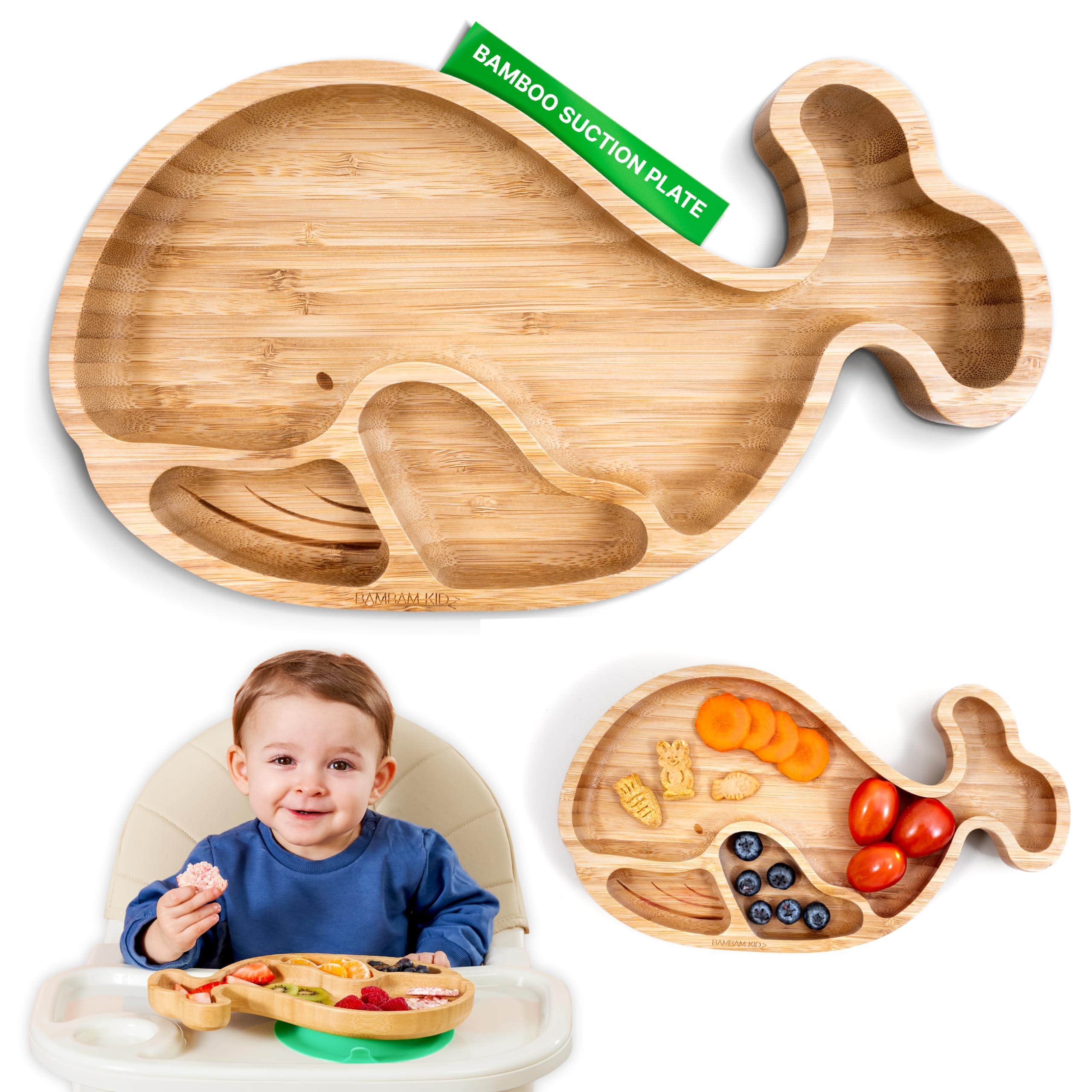 BamBamKidz Bamboo Divided Suction Plate Baby - Strong Suction Toddler Plates - Non-Toxic All Natural Eco Friendly Materials - Whale