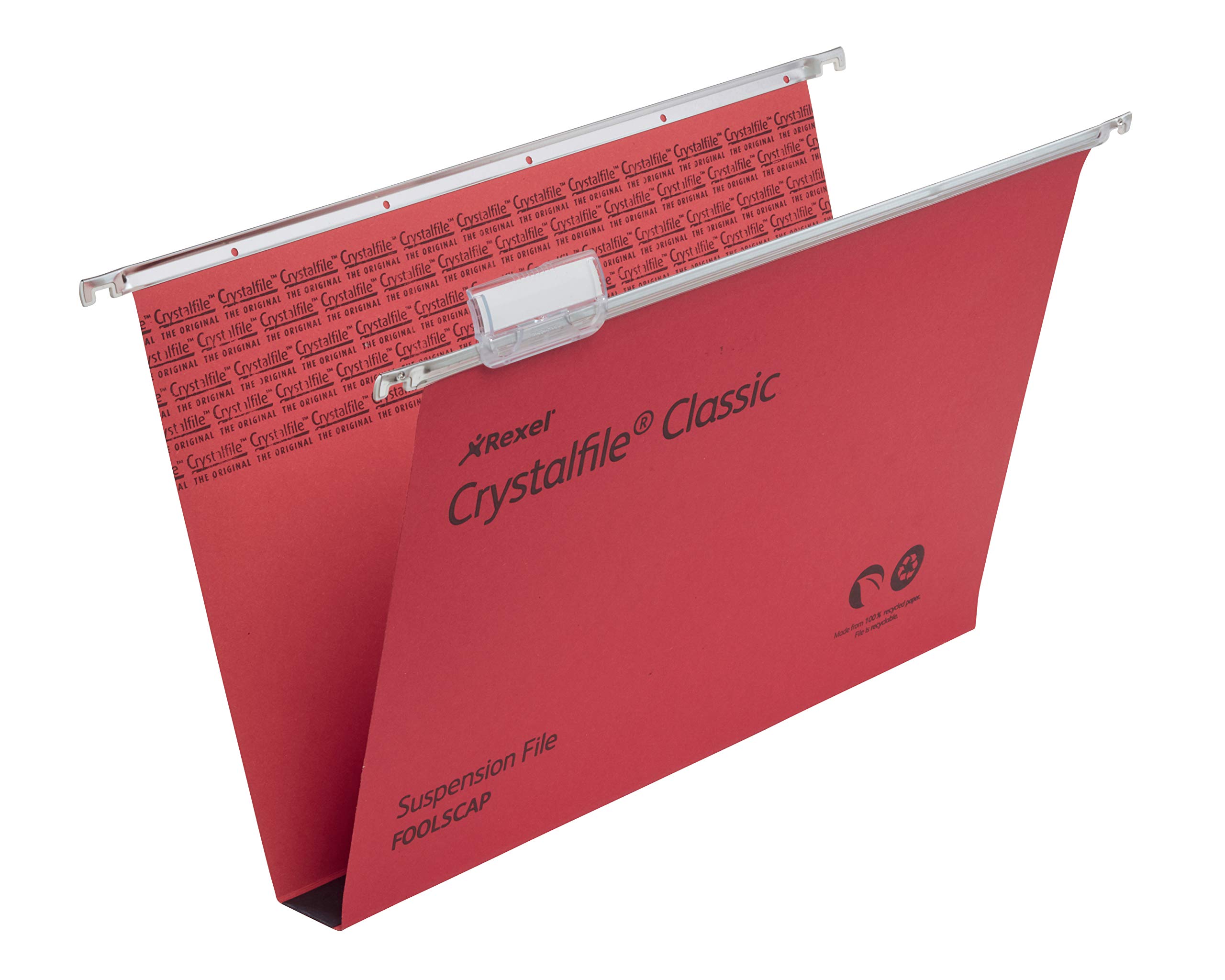 Rexel Foolscap Suspension Files with Tabs and Inserts for Filing Cabinets, 30 mm base, 100 Percent Recycled Manilla, Red, Crystalfile Classic, Pack of 50, 70622