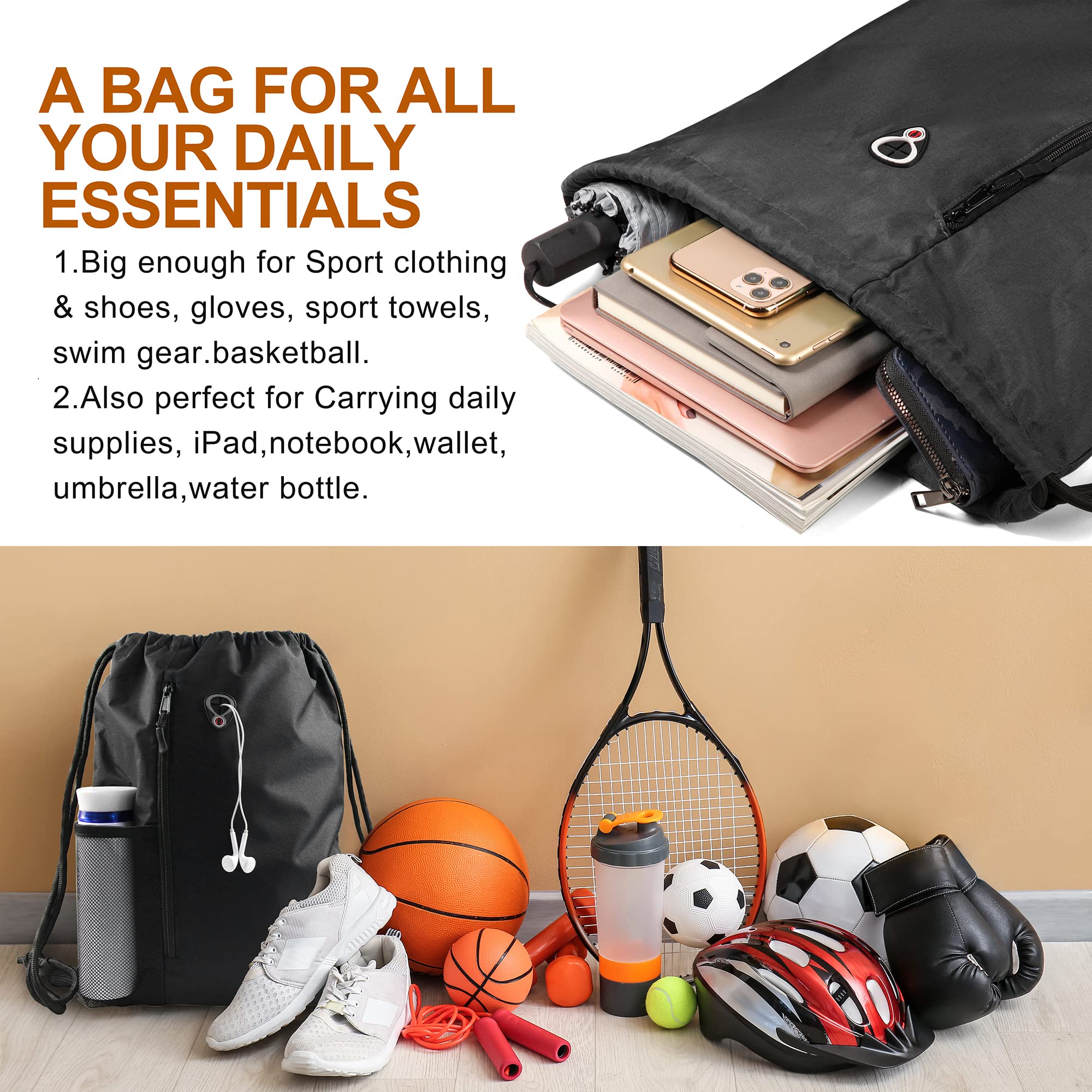 BeeGreen Black Drawstring Backpack Gym Bag For Men Women String Sports Backpack With Water Bottle Mesh Pockets And 2 Zippered Pocket Large Cinch Sackpack Workout Bag 16