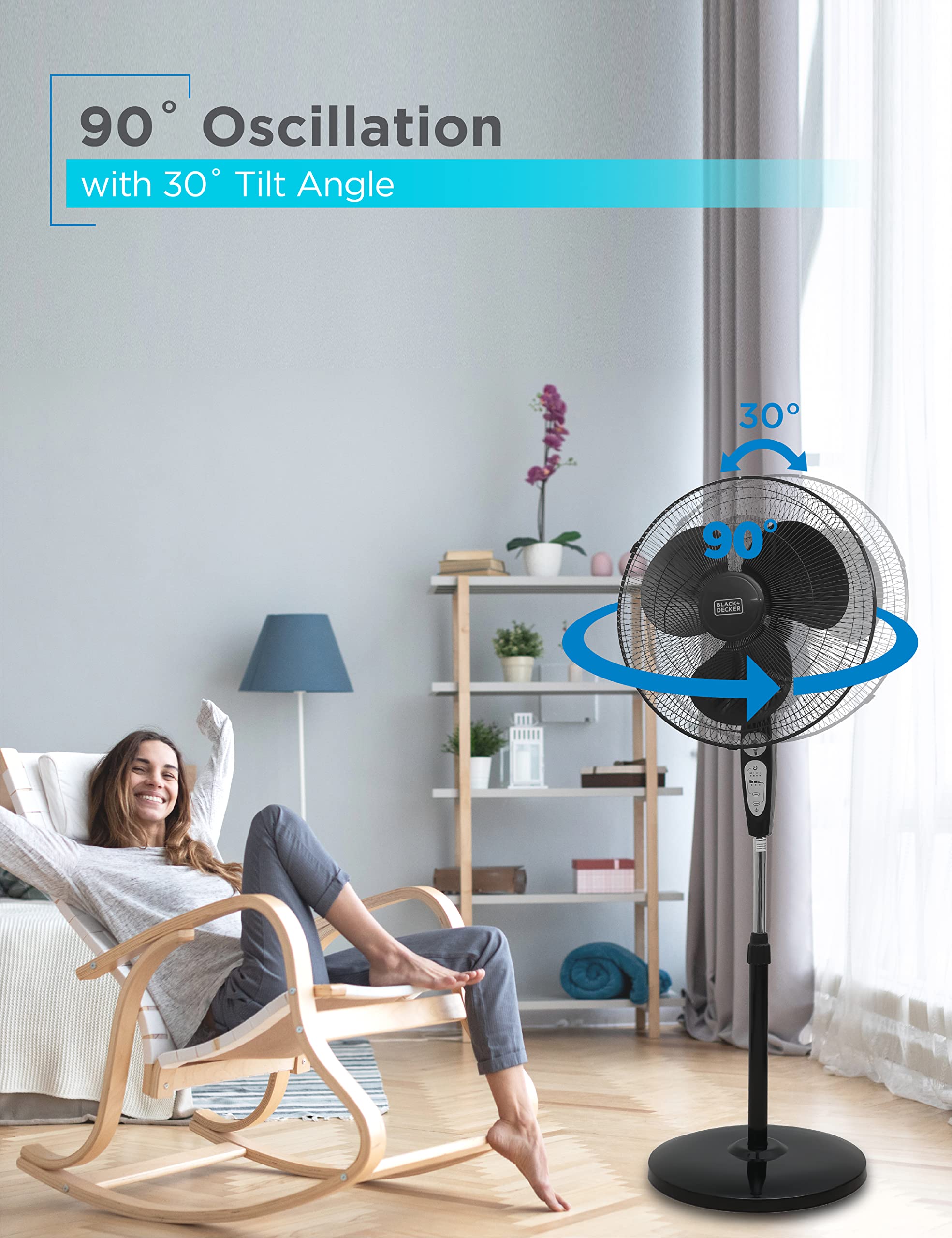 BLACK+DECKER 18-Inch Stand Fan with Pedestal Base, Height Adjustable Pedestal Fan with Remote and Touch Control Panel, Free Standing Fan with 90-Degree Oscillating and 3-Speed Settings, Black