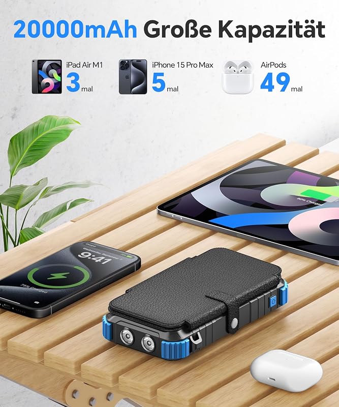Solar Powerbank 20000mAh mit 4 Solarpanel, Powerbank mit 3 Kabeln — Foto 2 von 8