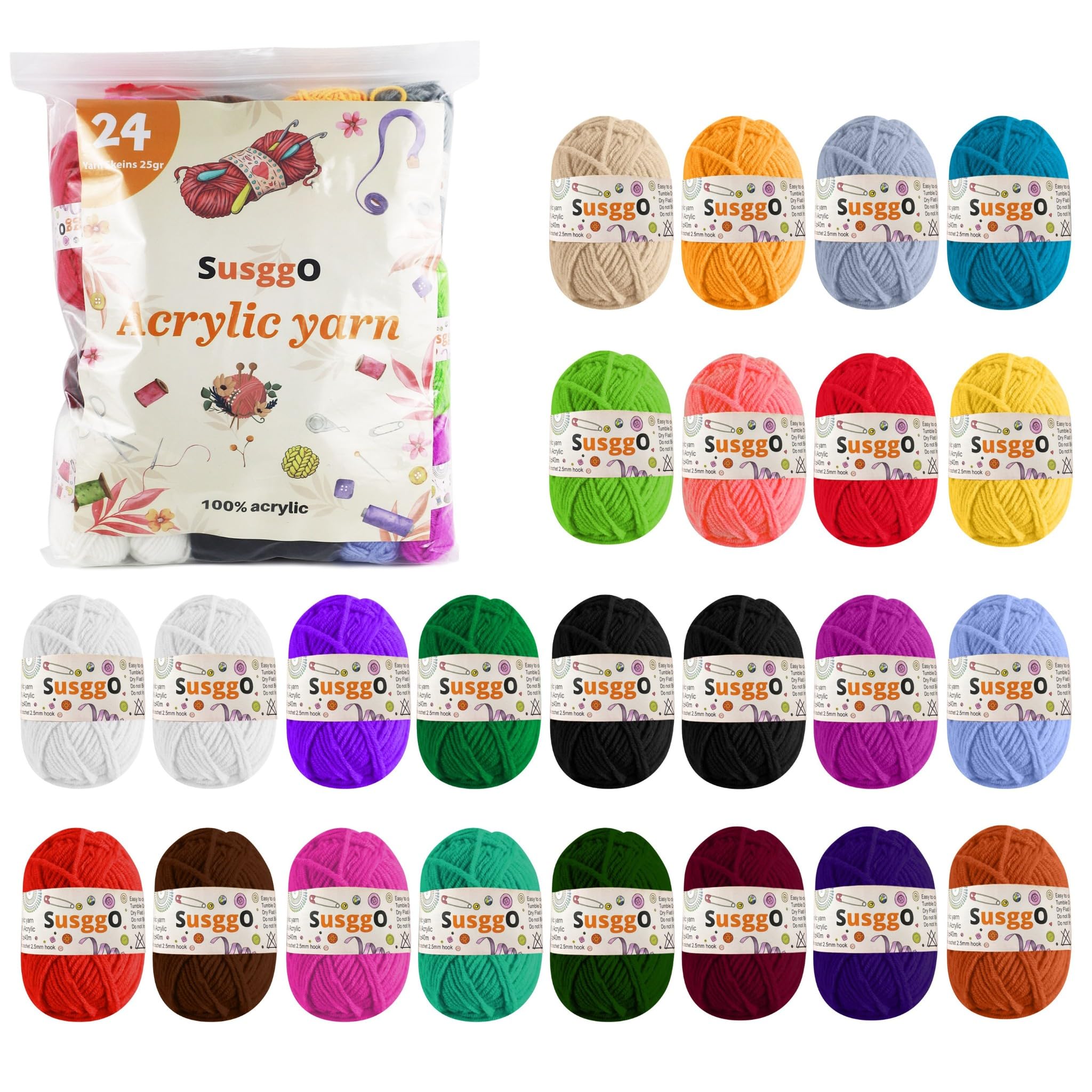 SusggO Pack of 24 Yarns for Crochet Crochet Yarns for Knitting Hand Knitting DIY Skeins Acrylic Yarn for Knitting Yarn Yarn 25g ±40m Assorted Colours