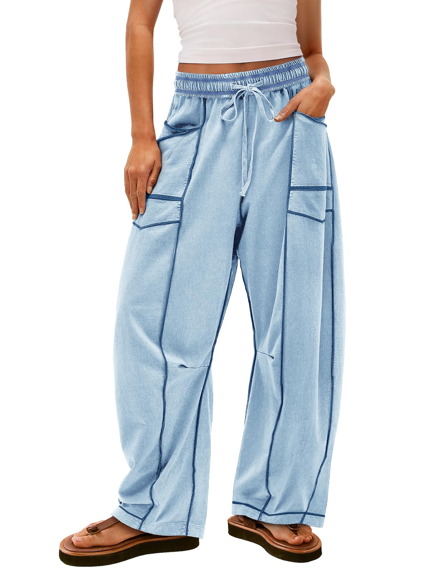 Photo 1 of Yanekop Womens Baggy Wide Leg Pants Casual Fall Trousers Palazzo Pants Drawstring Waist Barrel Sweatpants with Pockets(Light Blue,L)