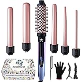 Homfu Curling Iron Set, 6 in 1 Hair Curling Wand with Curling Brush and 5 Interchangeable Ceramic Curling Wand(0.35'-1.25') Tourmaline Hair Curler, Instant Heat Up Curling Iron for Long Hair Women