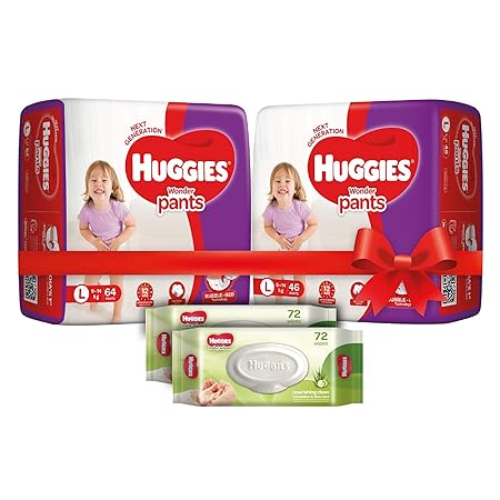 Huggies Wonder Pants Comfort Pack Large Size Diapers (110 Count) and Huggies Baby Wipes - Cucumber & Aloe Pack of 2 (144 Wipes)