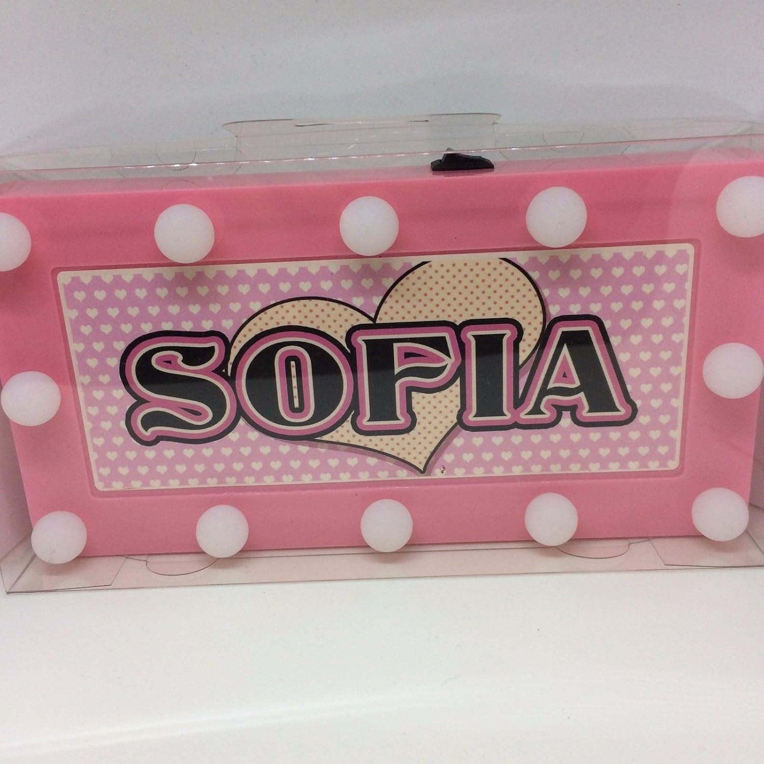 SOFIA Childrens LED Personalised Name In Lights room Sign, Pink
