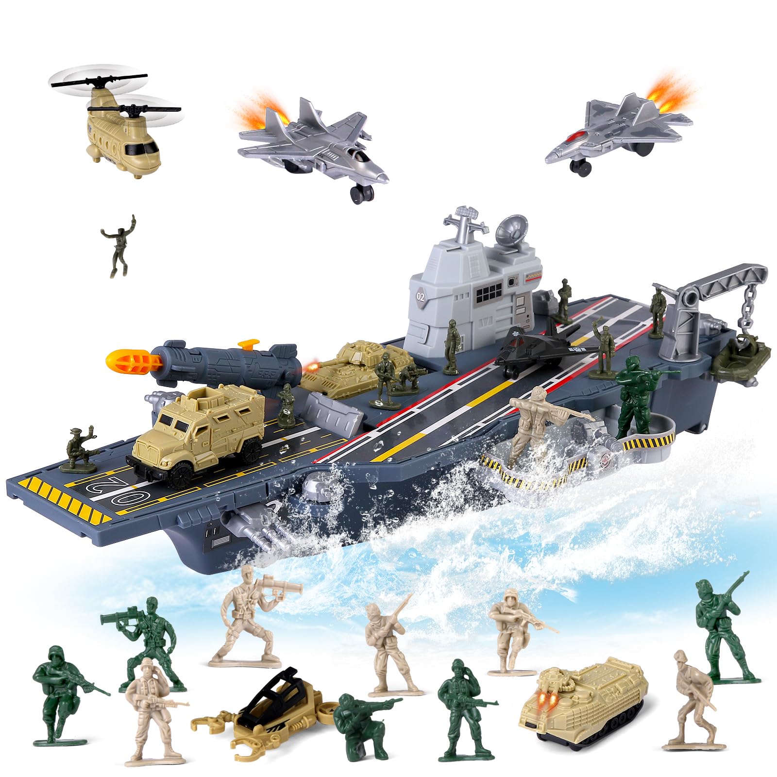 Boderam Aircraft Carrier Model Toy Warplanes Warships Military Vehicles Battleship Play Set,Army Men Figures Toys Military Naval Ship with Battleship Tank Fighter Jets Helicopter for Boys Girls Kids