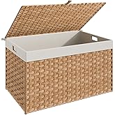 HOOBRO Storage Basket with Lid, 42.3 Gallon (160L) Wicker Basket, Handwoven Blanket Storage Basket with Handles, Metal Frame and Soft Lining, Foldable for Bedroom, Laundry Room, Natural NL216CW01