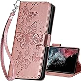 SASYMALY for Samsung Galaxy S23 Ultra Wallet case, Flip Folio Cover with Stand Feature for Women Men, PU Leather Phone Case Fit for Samsung Galaxy S23 Ultra [Rose Gold-Butterfly]