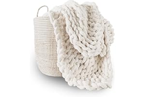 Adyrescia Chunky Knit Blanket Throw | 100% Hand Knit with Jumbo Chenille Yarn (30"x40", Cream White)
