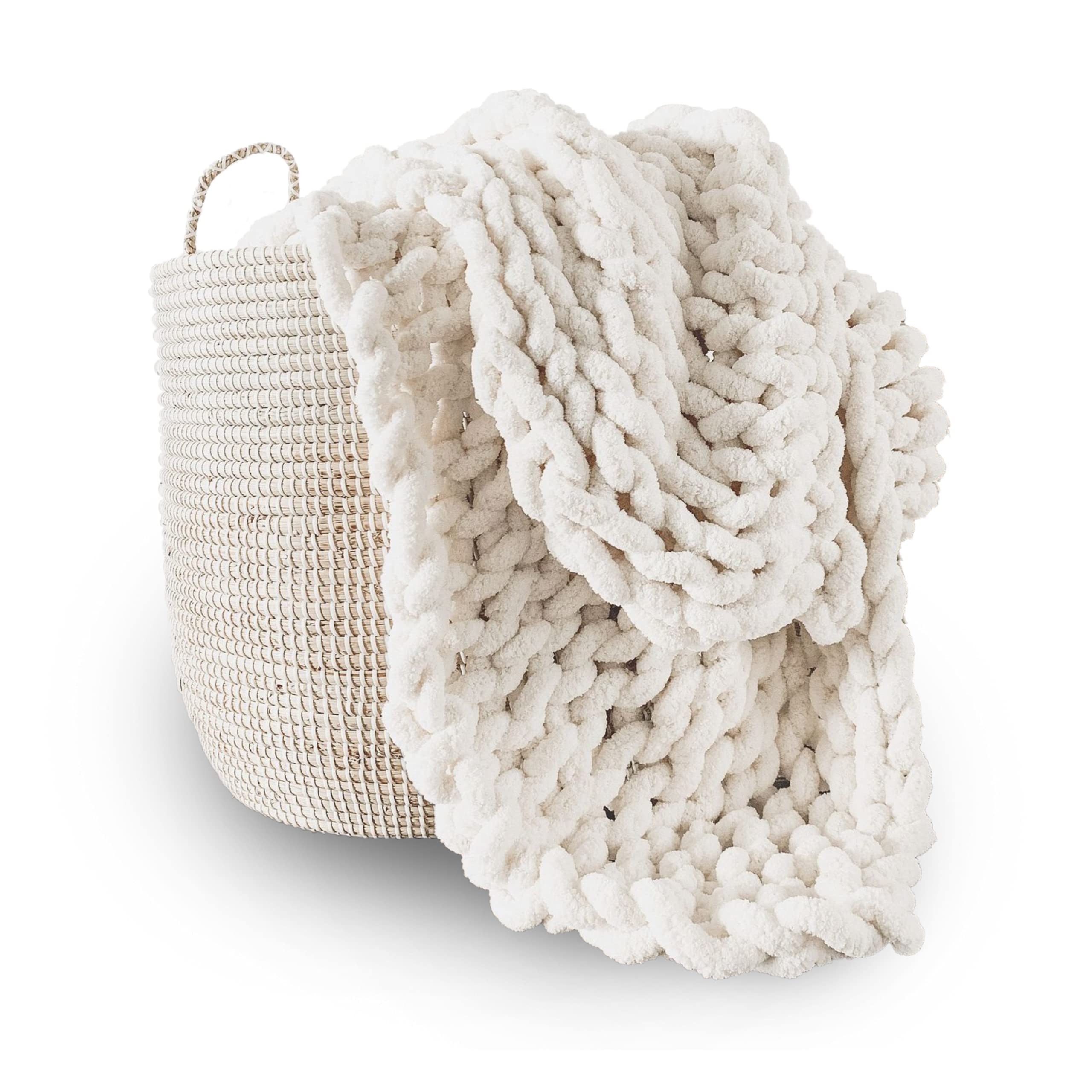 Photo 1 of Adyrescia Chunky Knit Blanket Throw | 100% Hand Knit with Jumbo Chenille Yarn (50"x60", Cream White)
