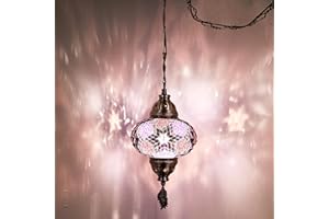 DEMMEX Authentic Turkish Plug in Pendant Light, 6.5" Big Size Globe, Made in Turkey, Turkish Moroccan Mosaic Ceiling Hanging Pendant Light Fixture Lamp, Swag Plug-in with 15ft Cord and Chain