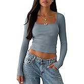 BZB Womens Long Sleeve Crop Tops Fall Y2K Lace Square Neck Slim Fitted Basic Ribbed Tee Blouse Shirts
