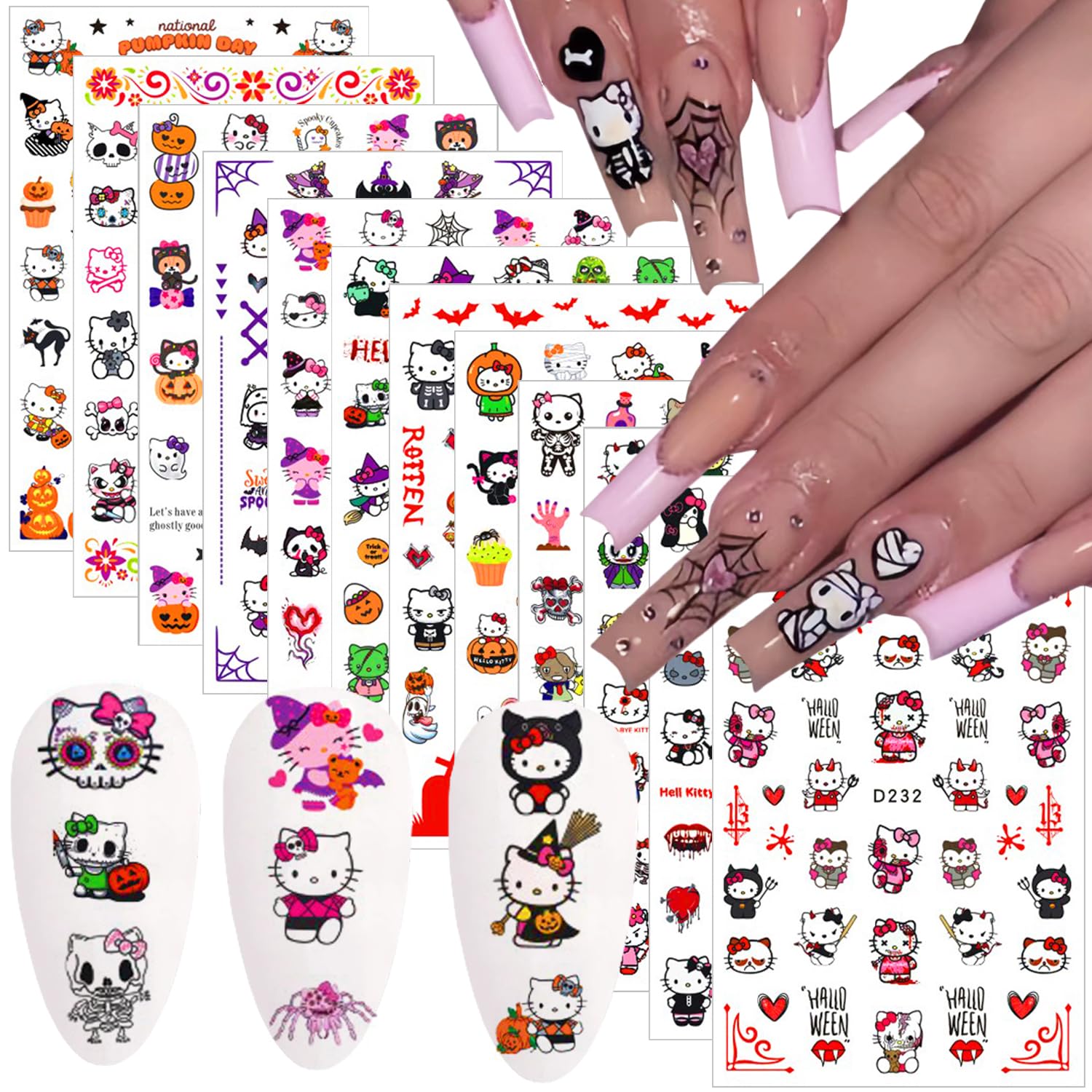 Photo 1 of 12 Sheets Halloween Nail Art Stickers Decals 3D Self-Adhesive Cute Cartoon Nail Decals with Blood Spider Bat Ghost Nail Art Supplies Charms Designs for Women Halloween Acrylic Manicure DIY Decoration