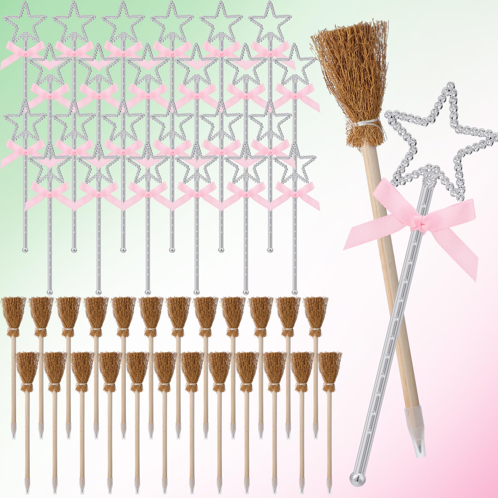 Photo 1 of Fullhawl 48 Pcs Witch and Princess Party Favors 24 Pieces Wizard Party Broom Pencils and 24 Pieces Mini Sequin Star Wands for Witch Pink and Green Princess Birthday Party Supplies Decorations Gifts