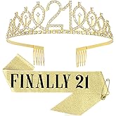 CURASA Gold Finally 21 Birthday Crown and Sash Kit for Women Girls 21st Birthday Tiara and Sash Set for Girls Rhinestones Crowns and Sash 21st Birthday Gift for Women 21st Birthday Decorations for Her