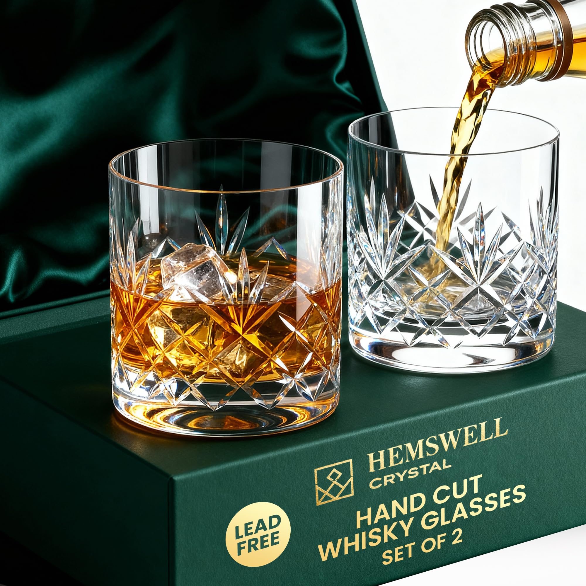 Hemswell Crystal Whiskey Glasses Set of 2 - Crystal Whisky Glasses 310ml - Cut Glass Whiskey Tumblers - Lead Free - Satin Lined Box - Glenrigg