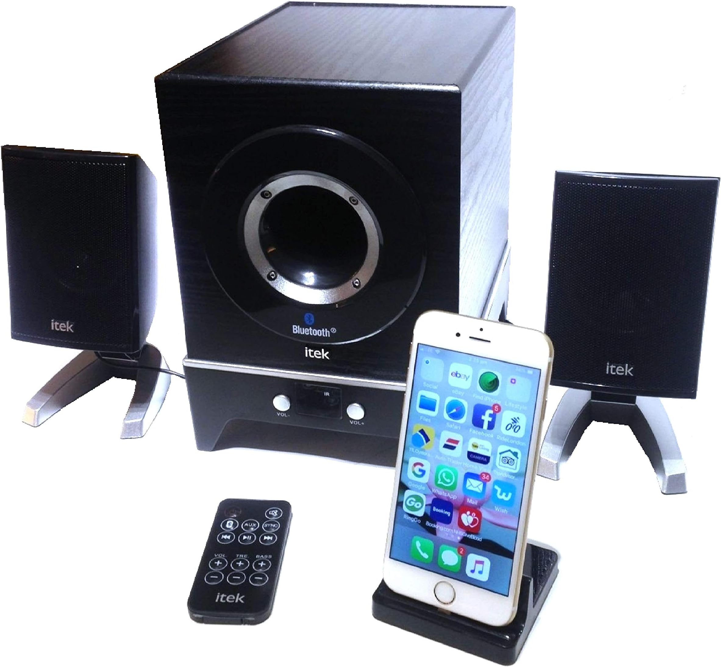 iTek 2.1 Speaker System for iPhone with Bluetooth, Remote Control & Charging Station for iPhone 5,6,7 8 also iPads