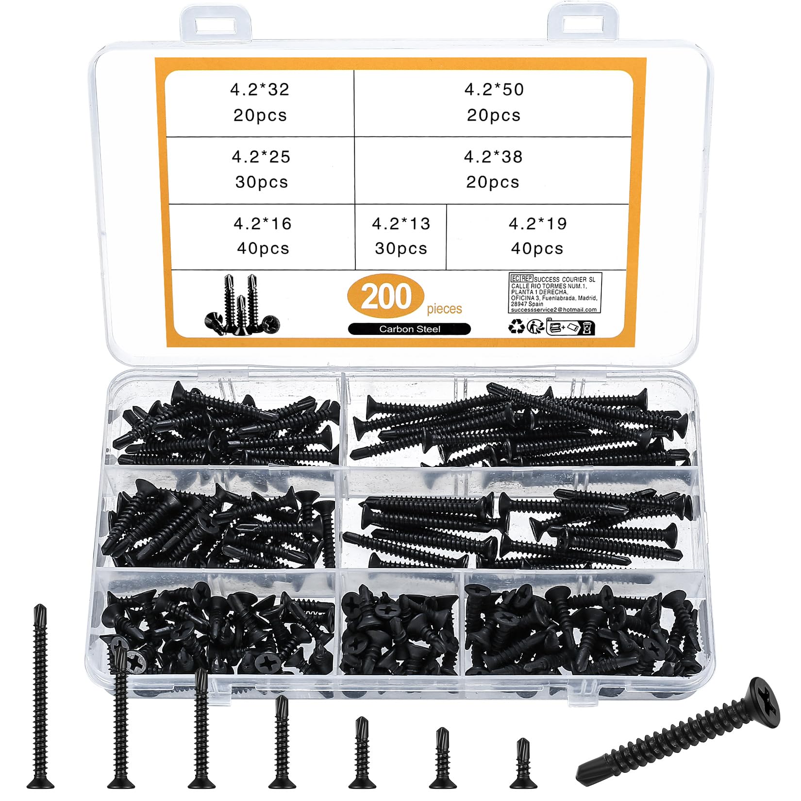 200 Pcs Self Drilling Cross Flat Head Screws, carbon steel Self Tapping Wood Screws, Countersunk Roofing Screws for Metal Sheets - M4.2 * 13mm/16mm/19mm/25mm/32mm/38mm/50mm (Black)