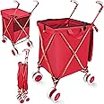 Wellmax WM99100 Series Folding Shopping Cart with Wheels, Grocery Cart with Removable Canvas with Cover, Lightweight Utility Cart for Groceries and Laundry - Holds up to 120 lbs (Red)